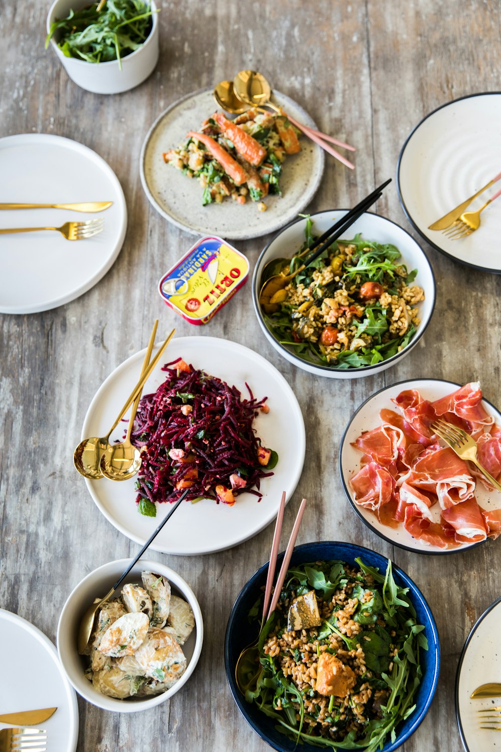 cooked food on white ceramic bowls