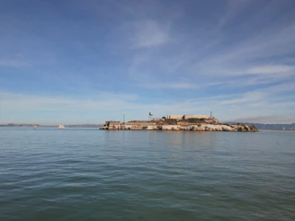 Historic black-and-white photo of Alcatraz prison's cell blocks under a foggy San Francisco sky.