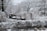 A winter scene featuring a garden covered in snow with trees, a wooden deck, and shrubs blanketed in white. Several potted plants are visible in the foreground, and snow has accumulated on branches and structures. Utility lines cross the sky, and the overall landscape has a serene, frozen appearance.