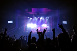A large crowd of people in a dark concert venue with bright stage lights shining towards them. Many in the audience are raising their hands in a rock gesture. The atmosphere is energetic and vibrant, with the band performing on a well-lit stage.