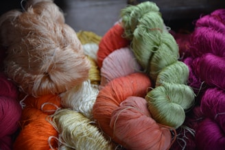 A close-up of colorful textile threads neatly arranged in bundles.