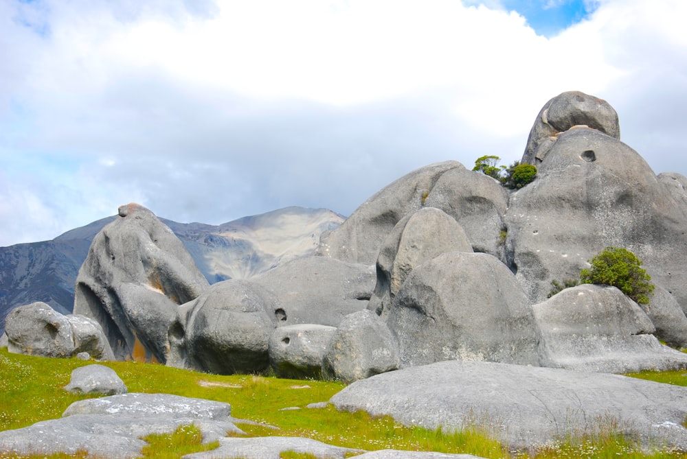 gray rock formation on green grass field during daytime