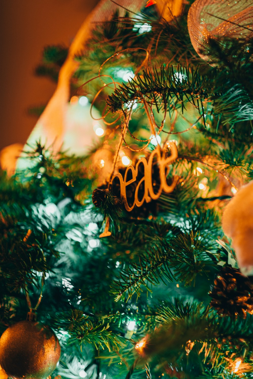 green christmas tree with string lights