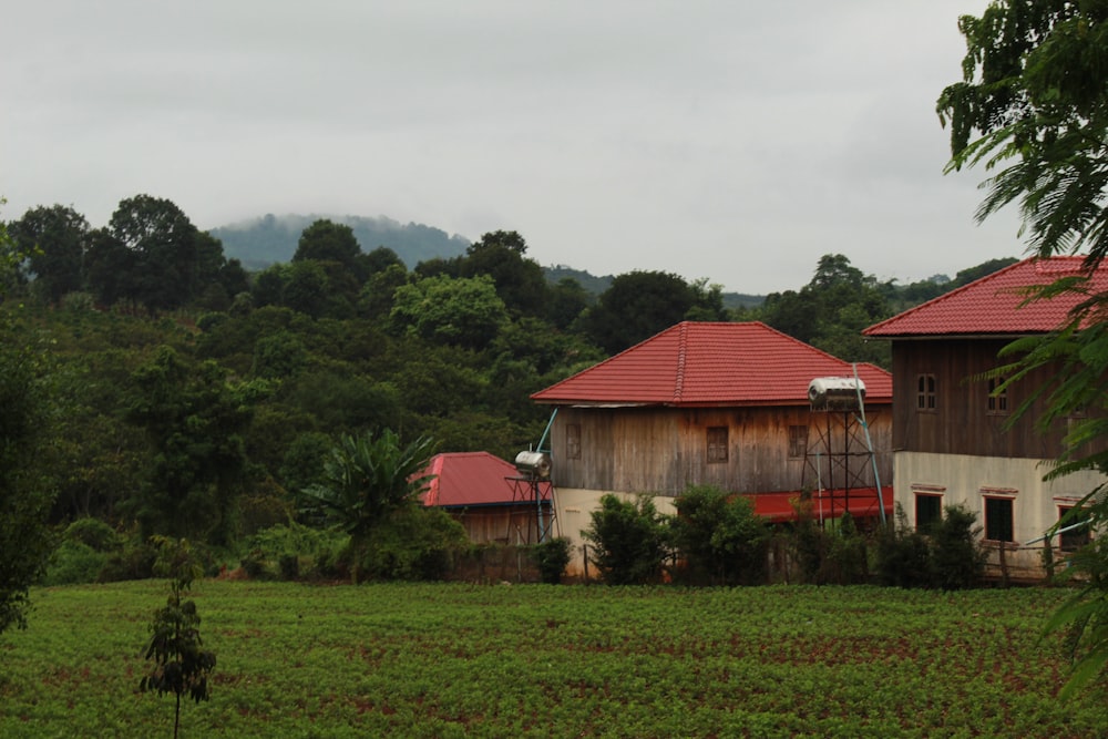 Casa de madera roja cerca de árboles verdes durante el día