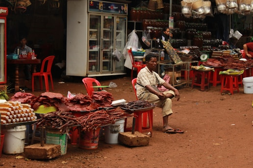 A street market scene featuring a man sitting on a red plastic chair near a variety of goods displayed on tables and makeshift stands. The ground is covered with reddish dirt, and there are several items including packaged goods, dried foods, and jars. A refrigerator can be seen in the background along with assorted hanging baskets.