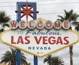 A large, iconic sign reads 'Welcome to Fabulous Las Vegas Nevada' with vintage-style lettering. The sign is topped with a red star and flanked by palm trees against a cloudy sky.