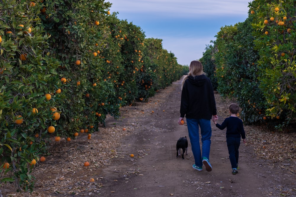 girl in blue jacket and blue denim jeans walking with black short coated dog during daytime