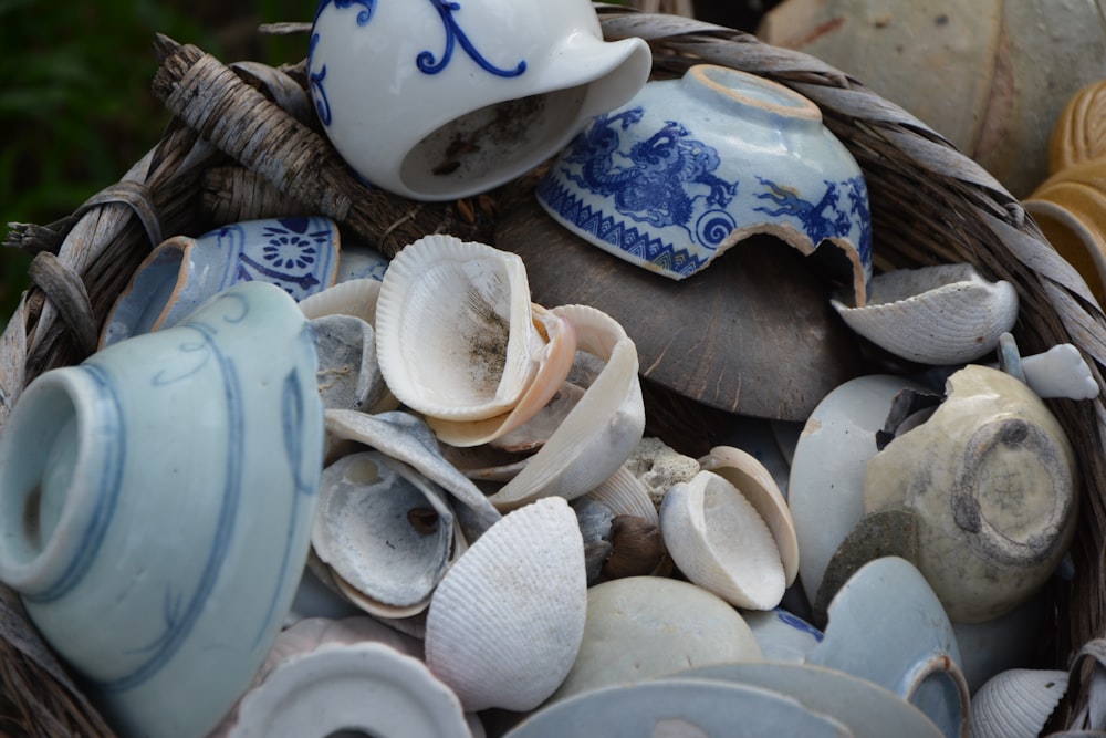 white and blue ceramic bowl