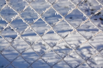 A chain-link fence is covered in frost, with the background showing snow-covered ground and subtle shadows.
