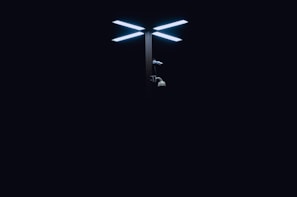 A modern streetlight with dual LED panels glows brightly against a dark background. Below the lights, there are various security cameras attached to the pole.