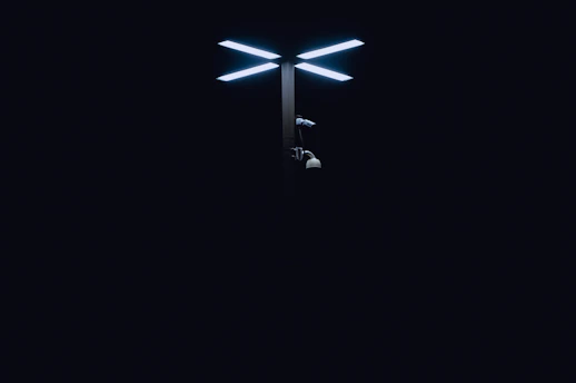 Crisp image of modern CCTV cameras installed on lamp posts in a well-lit residential area at dusk.