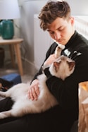 A pet sitter caring for a cat at home.