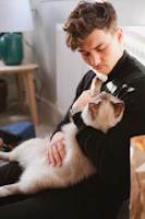 A gentle cat being cared for by a compassionate foster family inside a cozy home.