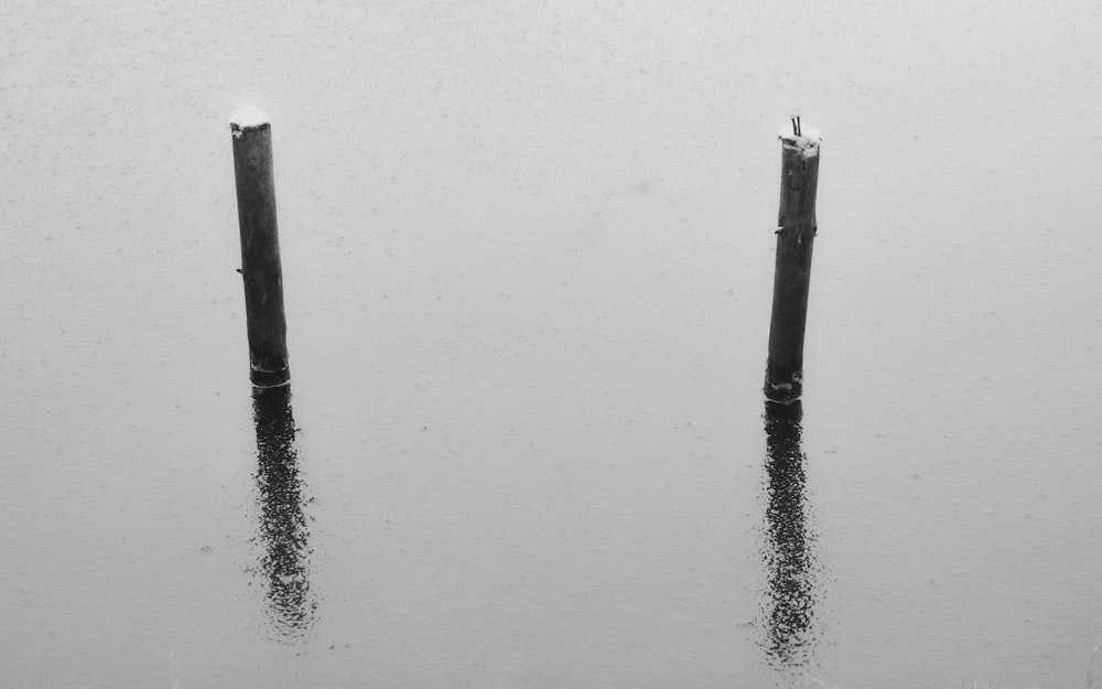 two poles sticking out of the water in the rain
