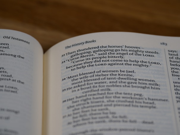 Open book with text in English, showing a page from the Bible, specifically the Old Testament. The page details a historical passage with verses numbered and formatted in two columns.