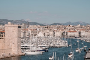 white and blue boat on sea near city buildings during daytime