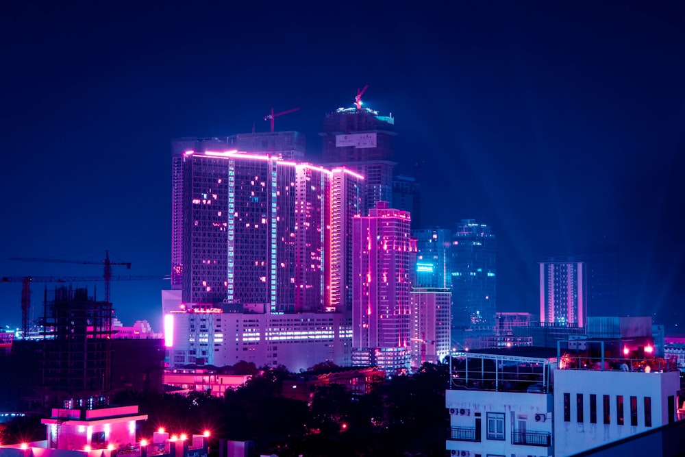 city skyline during night time