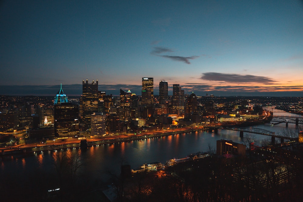 city skyline during night time