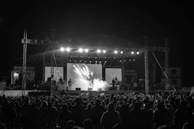 A live music concert with a large crowd gathered in front of an illuminated stage. Musicians are performing under bright lighting, with smoke effects adding to the atmosphere. The scene is captured in black and white, emphasizing contrasts and shadows.