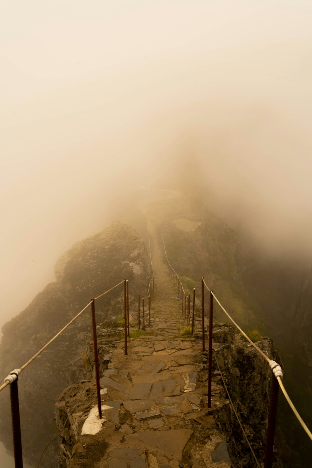 foto em tons de cinza da ponte na montanha