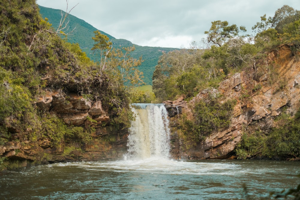 waterfalls near green trees under white sky during daytime