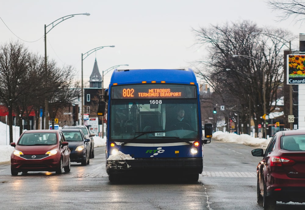 blue and yellow bus on road during daytime