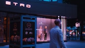 A storefront window displays two mannequins dressed in stylish clothing. The neon sign of the brand 'ETRO' glows above, while a person in a white coat walks past. The setting appears to be urban with dim evening lighting.