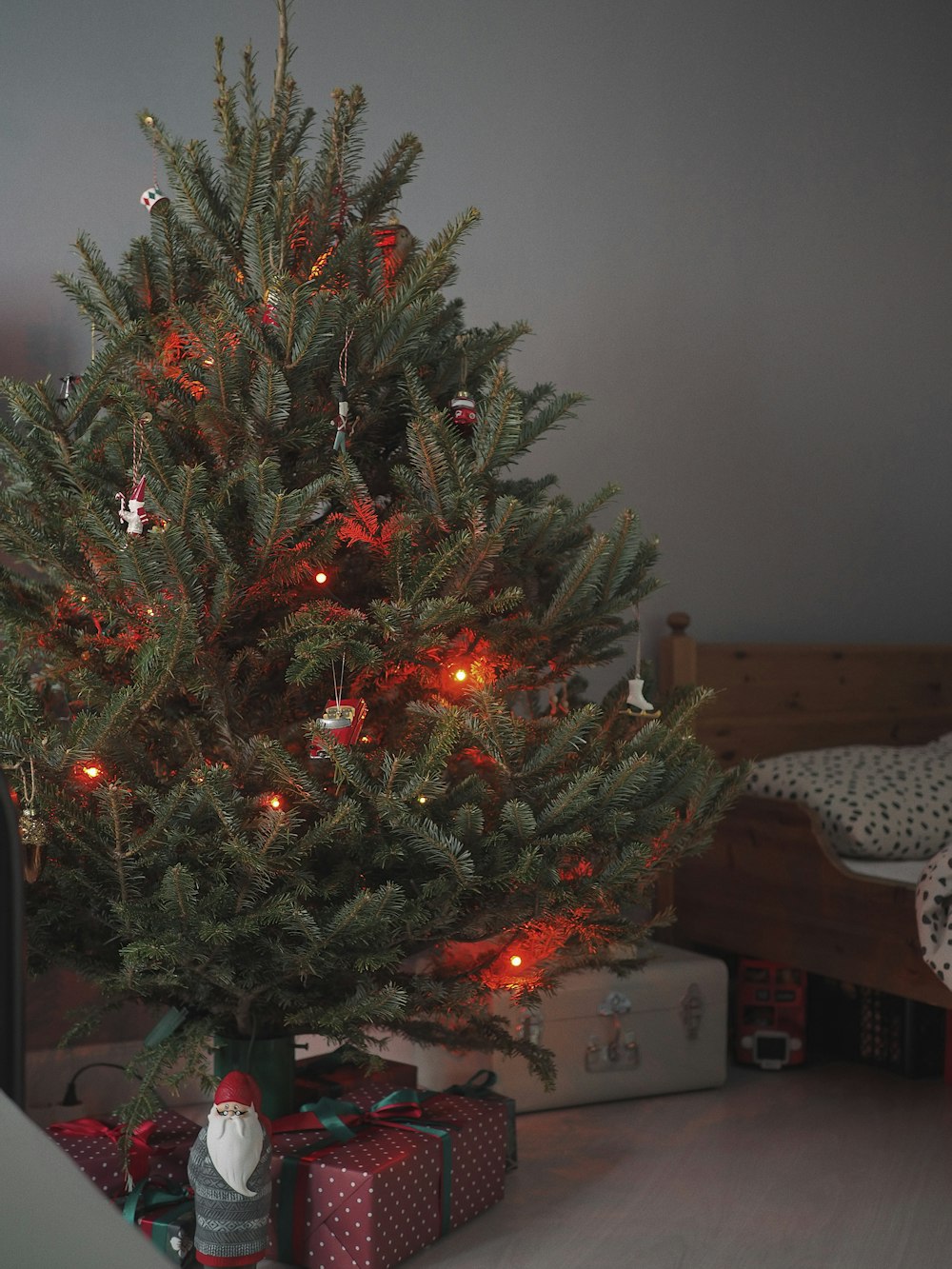 green christmas tree with red baubles