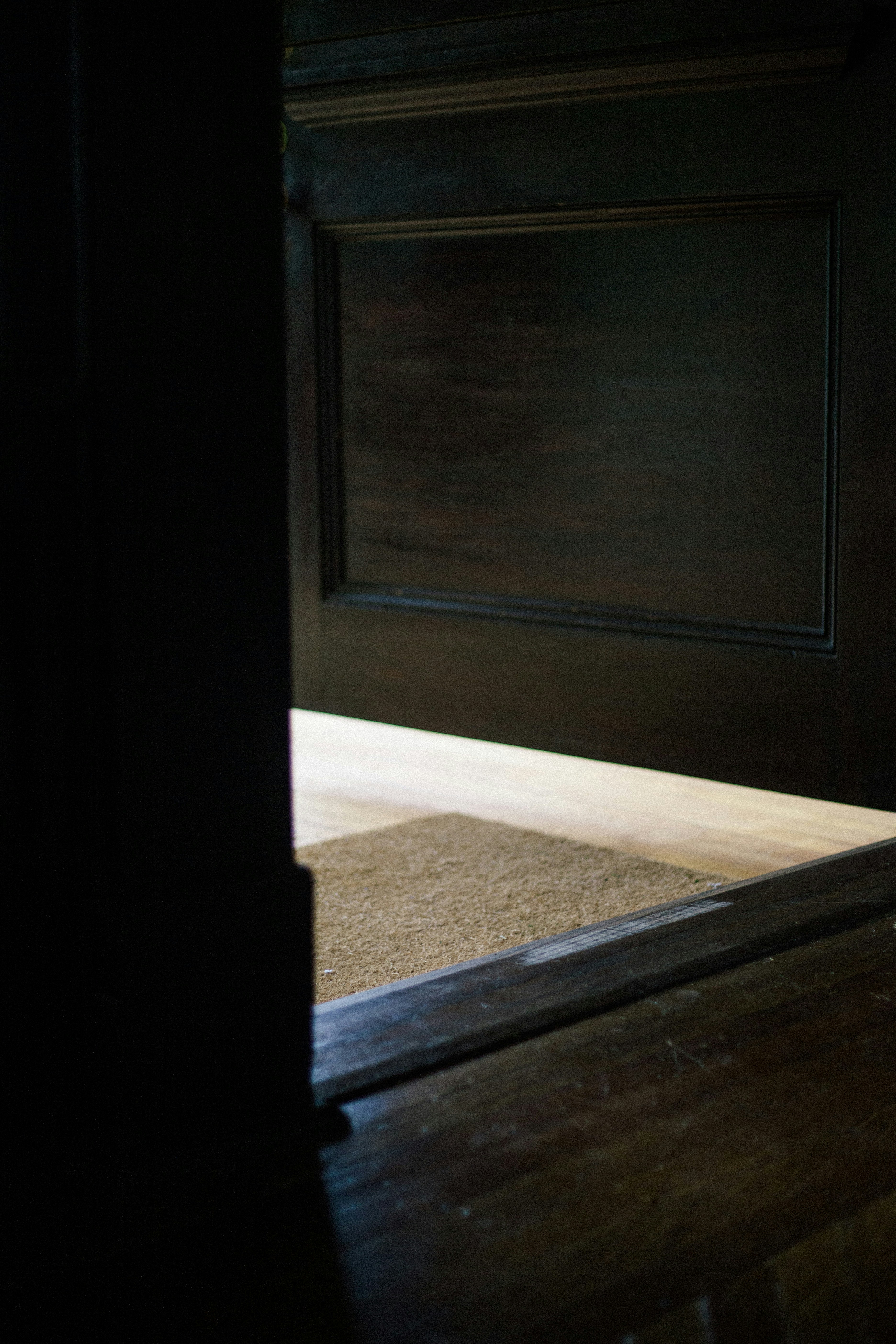 brown wooden door near white rug