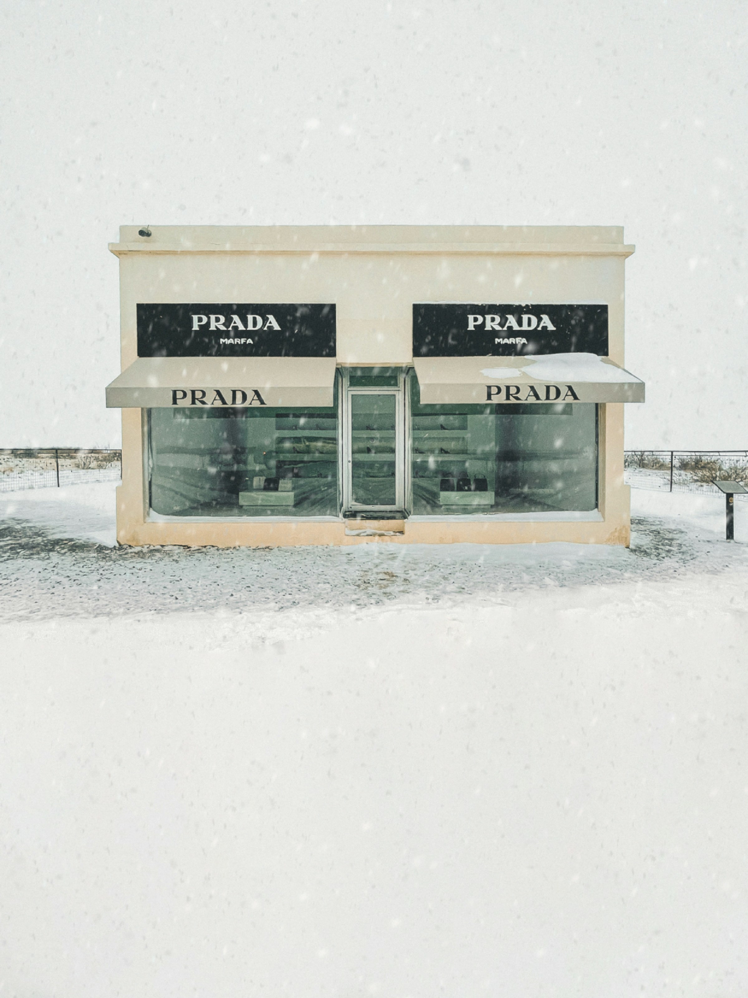 A rare snow storm at Prada, Marfa in Texas
