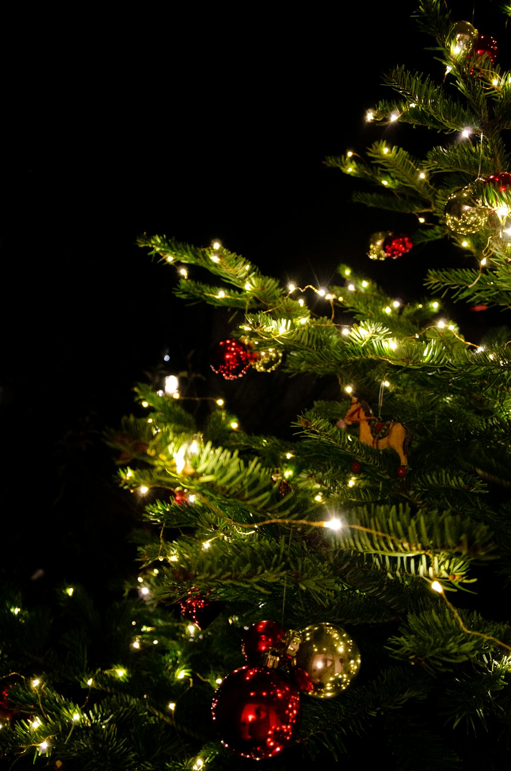 green christmas tree with string lights