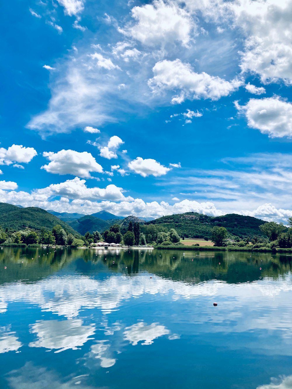 árboles verdes cerca del lago bajo el cielo azul y las nubes blancas durante el día