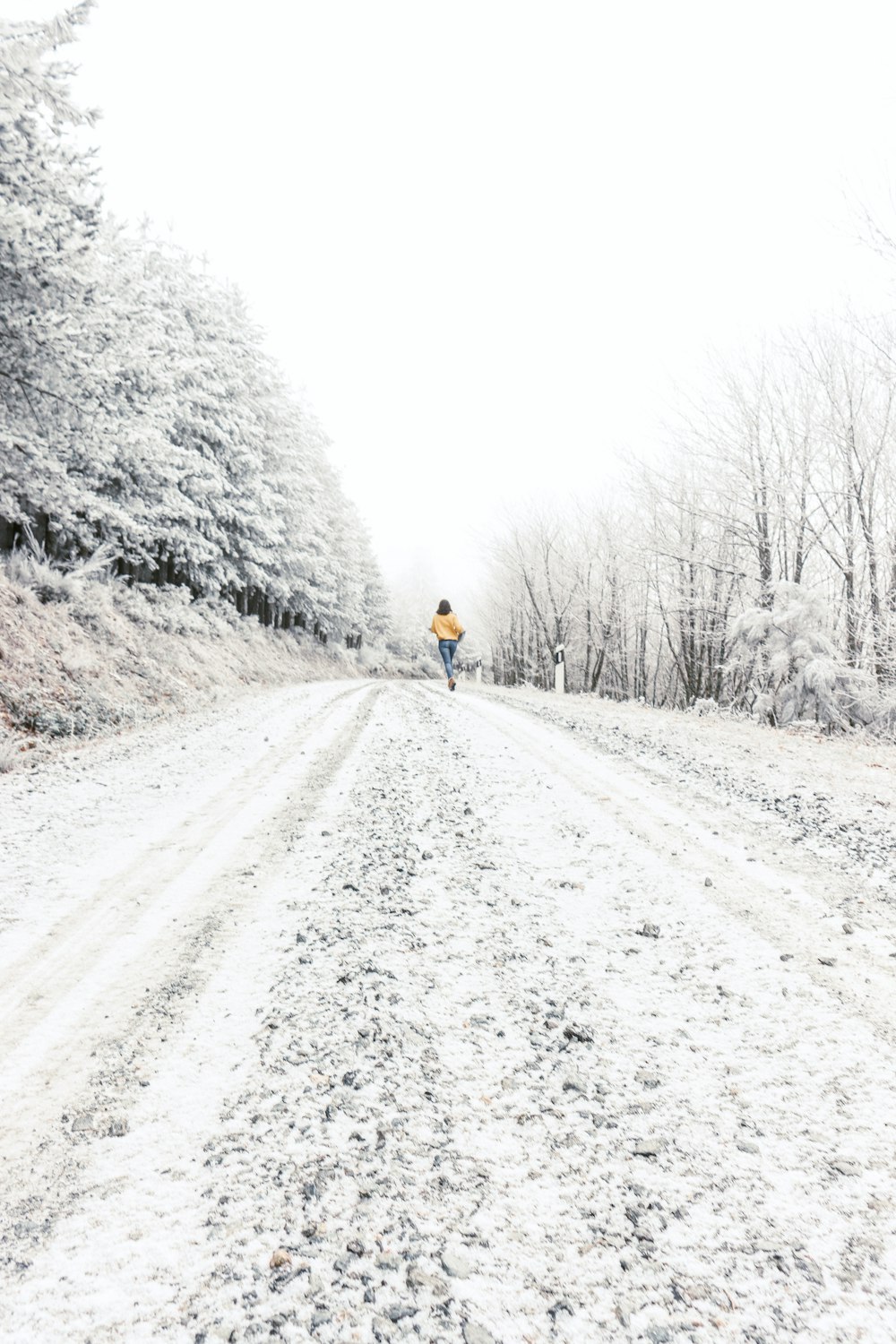 person in black jacket and blue denim jeans walking on snow covered road during daytime