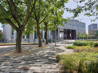 A modern building with green landscaping in an urban setting.