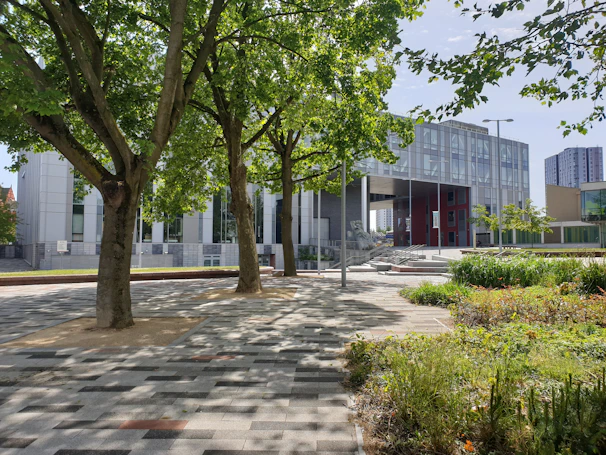 A modern building with green landscaping in an urban setting.