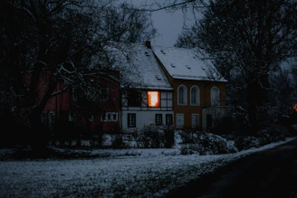 A cozy home with a glowing propane furnace visible through the window on a snowy evening.