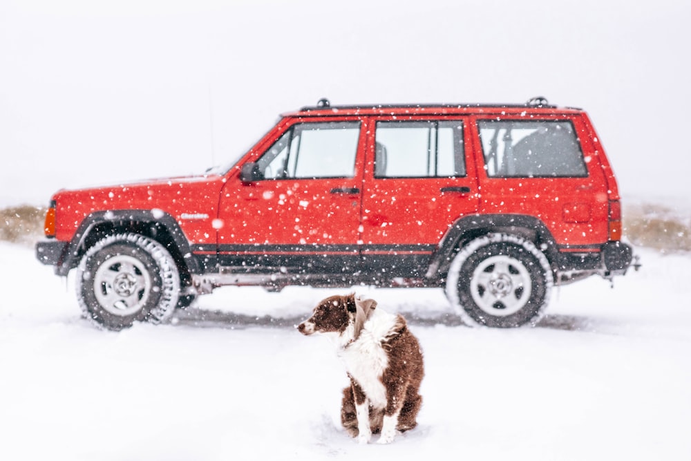 red suv on snow covered ground