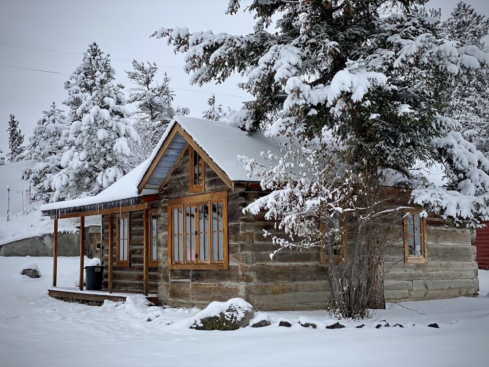 casa de madeira marrom coberta com neve durante o dia