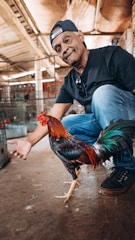 person in black leather jacket and blue denim jeans holding red rooster