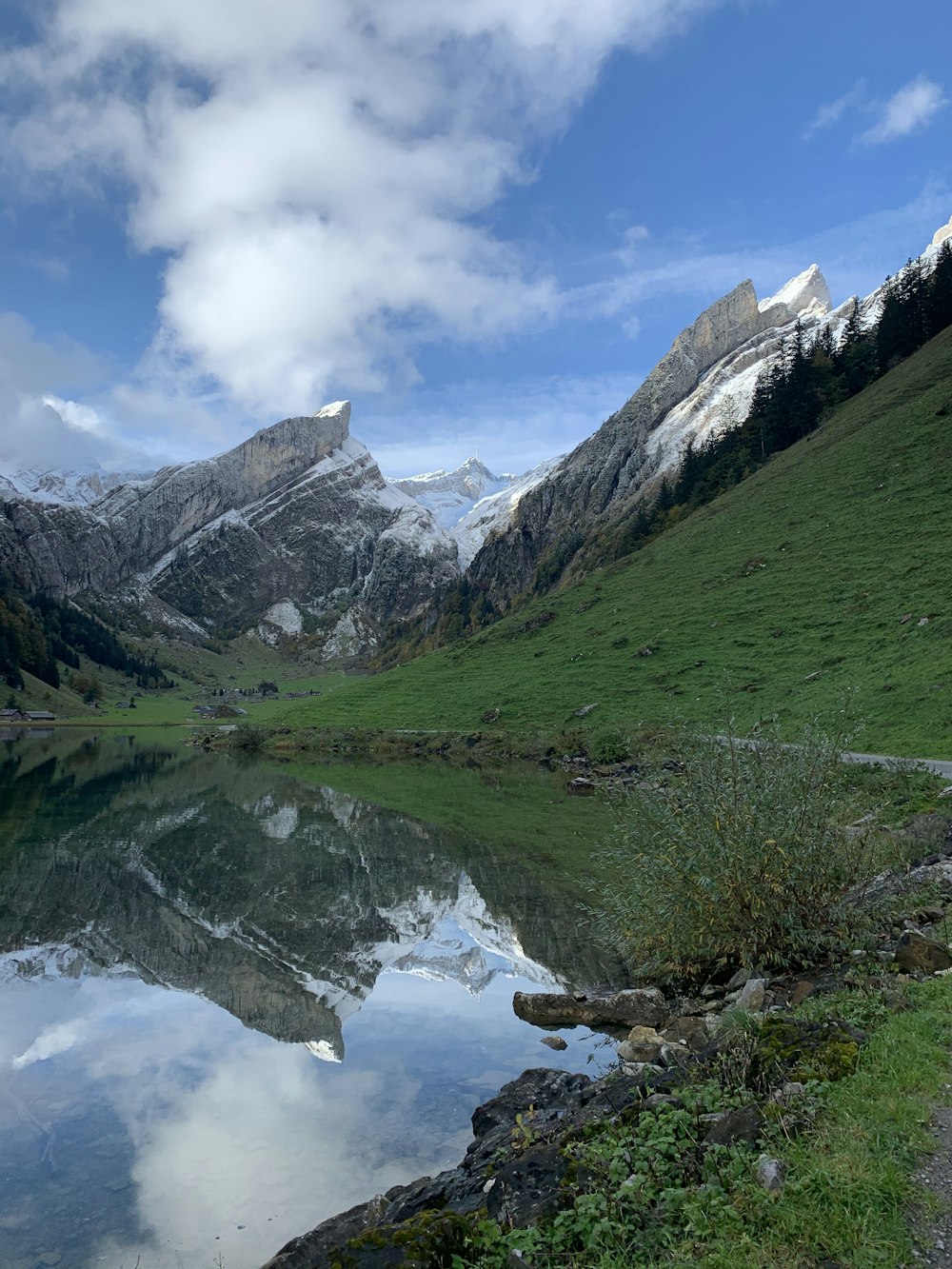 Grünes Grasfeld und Berge unter blauem Himmel und weißen Wolken tagsüber