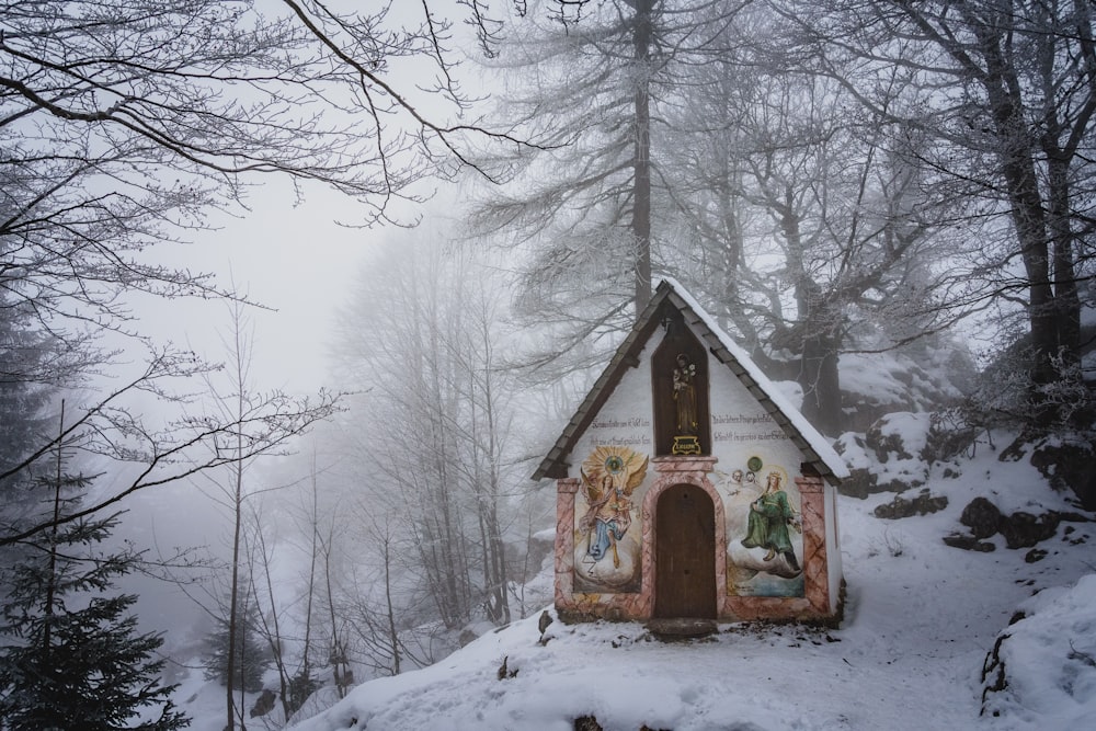 Casa de madera marrón en medio de un terreno cubierto de nieve