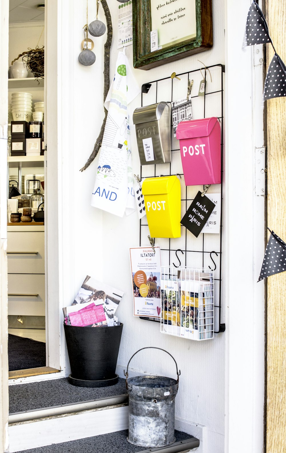 yellow plastic container on white wooden shelf