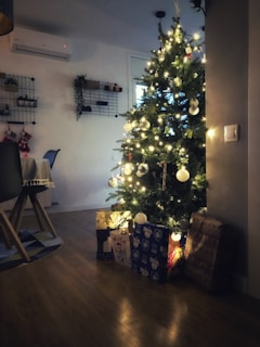 green christmas tree with string lights