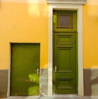 black wooden door on yellow painted wall