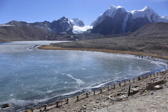 The peaceful Gurudongmar Lake, its icy blue waters reflecting the snow-capped peaks around it.