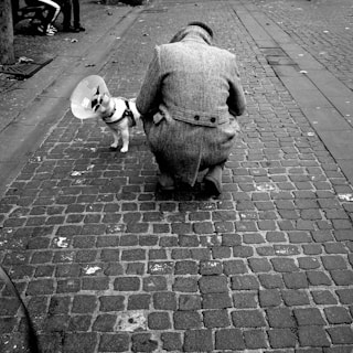 A person, wearing a long coat and hat, crouches down on a cobbled street beside a dog. The dog is wearing a cone collar, often used to prevent licking or scratching due to medical reasons. The scene is in black and white, creating a classic and somewhat somber atmosphere. The background shows more cobblestones and appears to be in an urban setting.