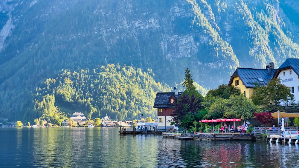 white and brown house near body of water and green trees during daytime