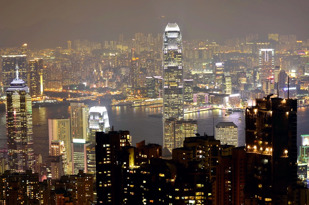 city skyline during night time