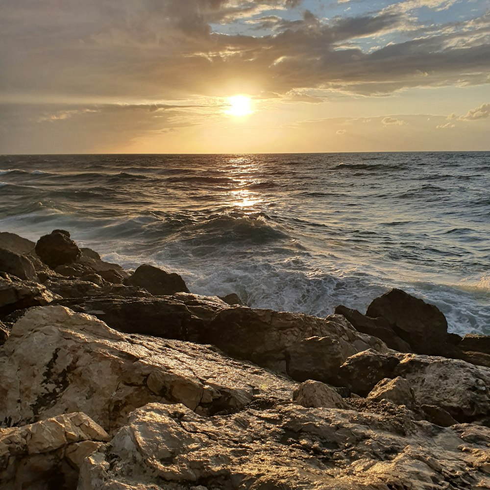 gray rocky shore during sunset