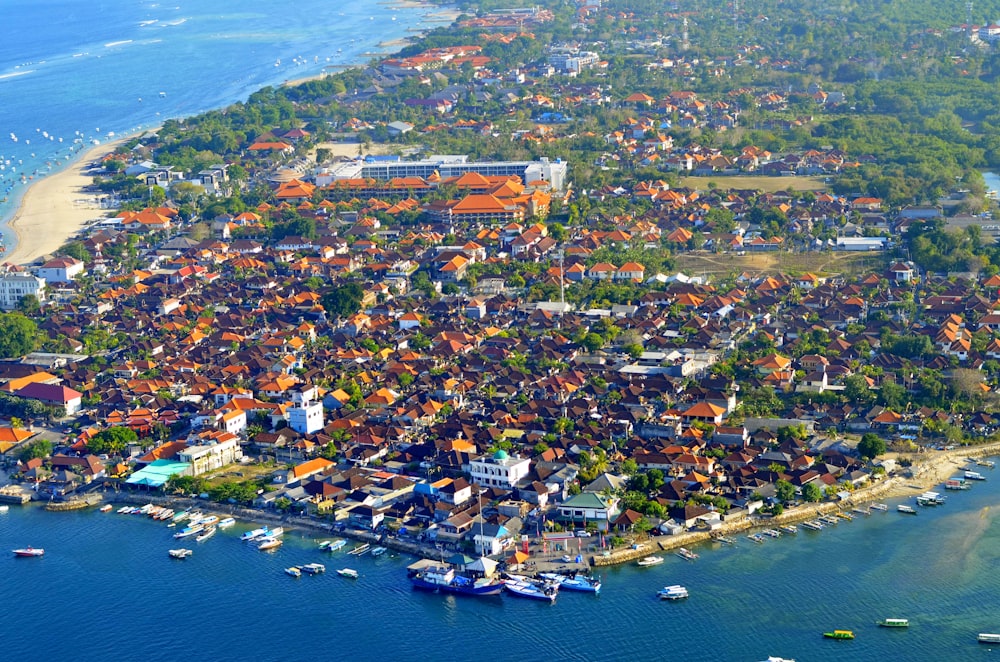 aerial view of city buildings near body of water during daytime